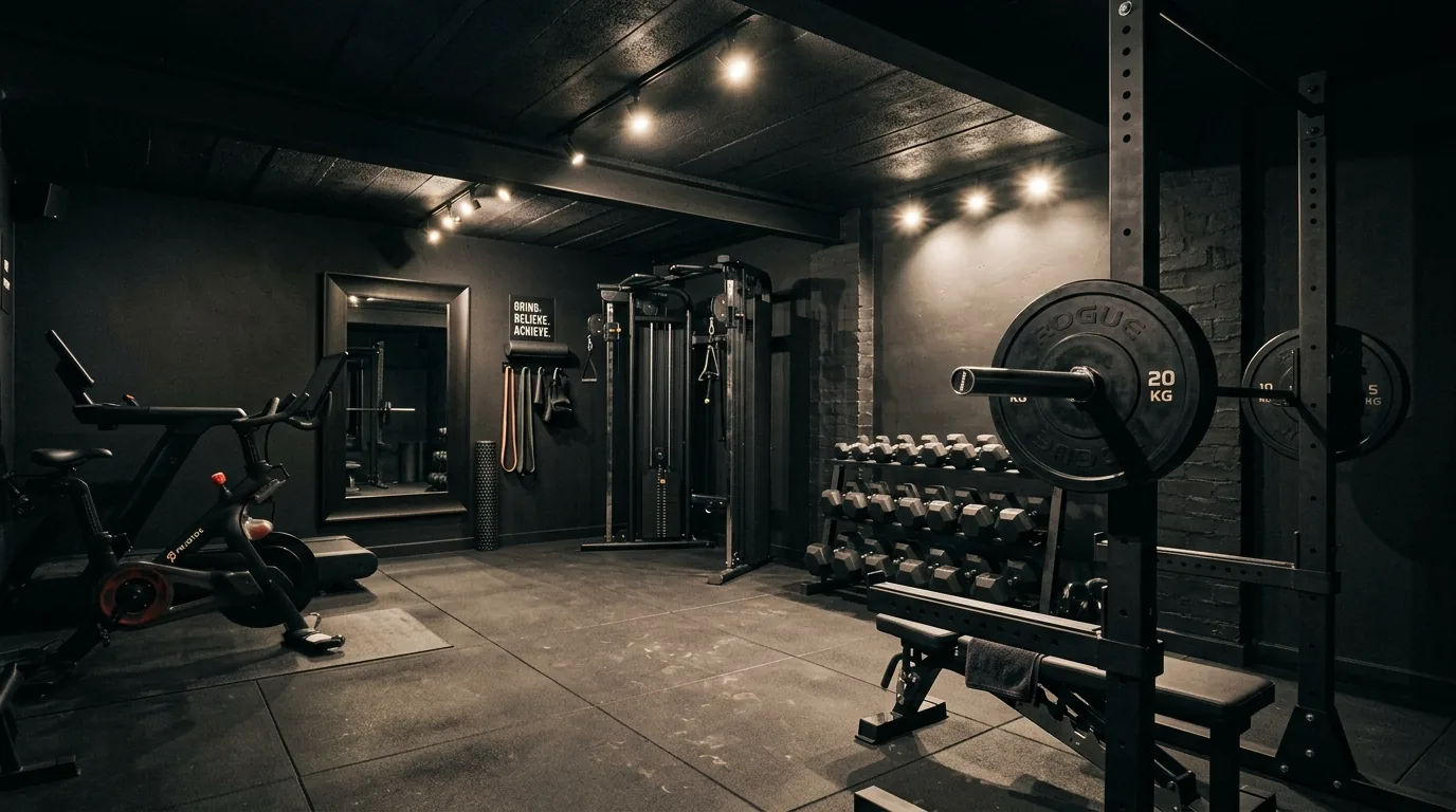 Basement workout room with rowing machine and organized accessory wall