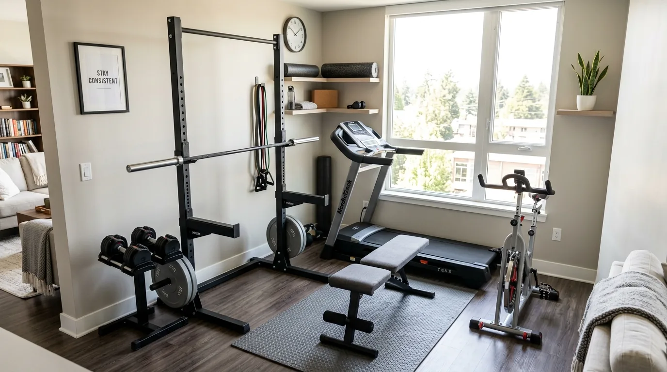 Home gym with pegboard storage for jump ropes and bands