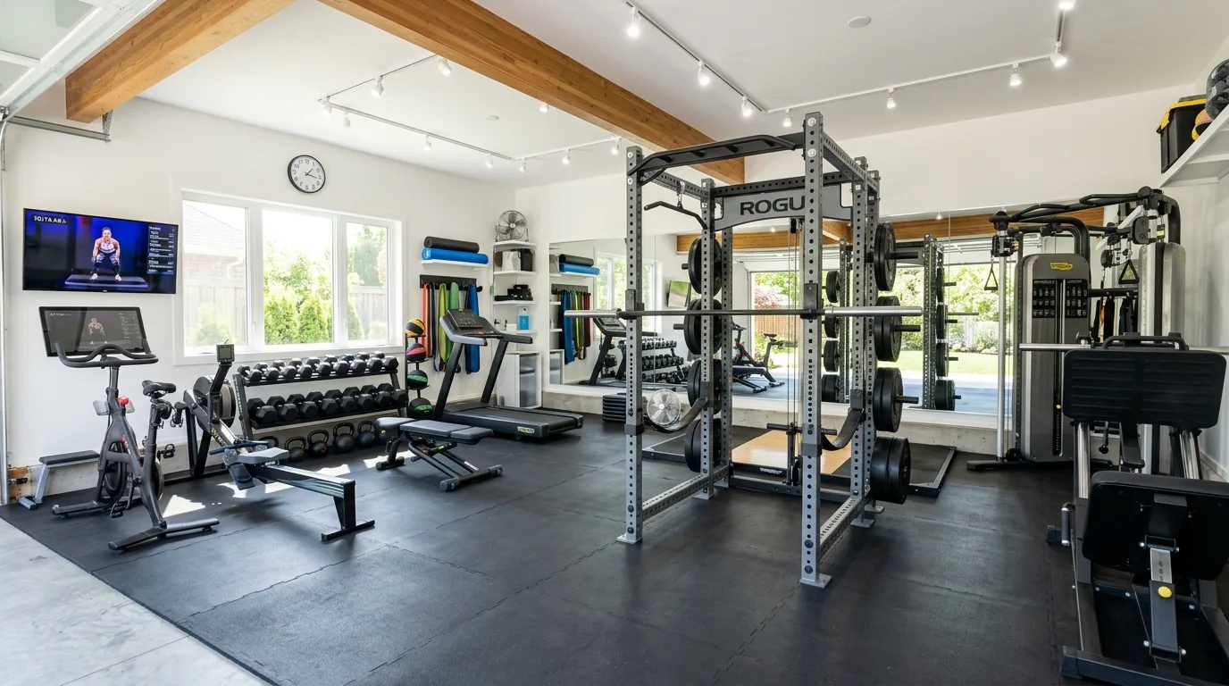 Family home gym with open floor zone and basket storage for shared equipment