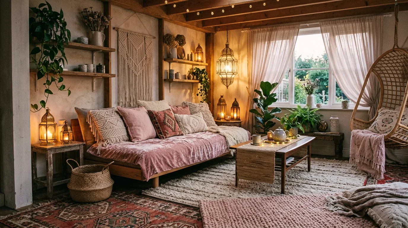 Cozy reading corner with tufted chair and knit throw in muted rose tones