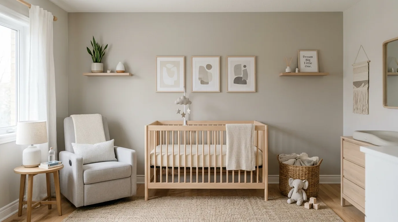Sage green nursery with wooden crib and woven pendant light