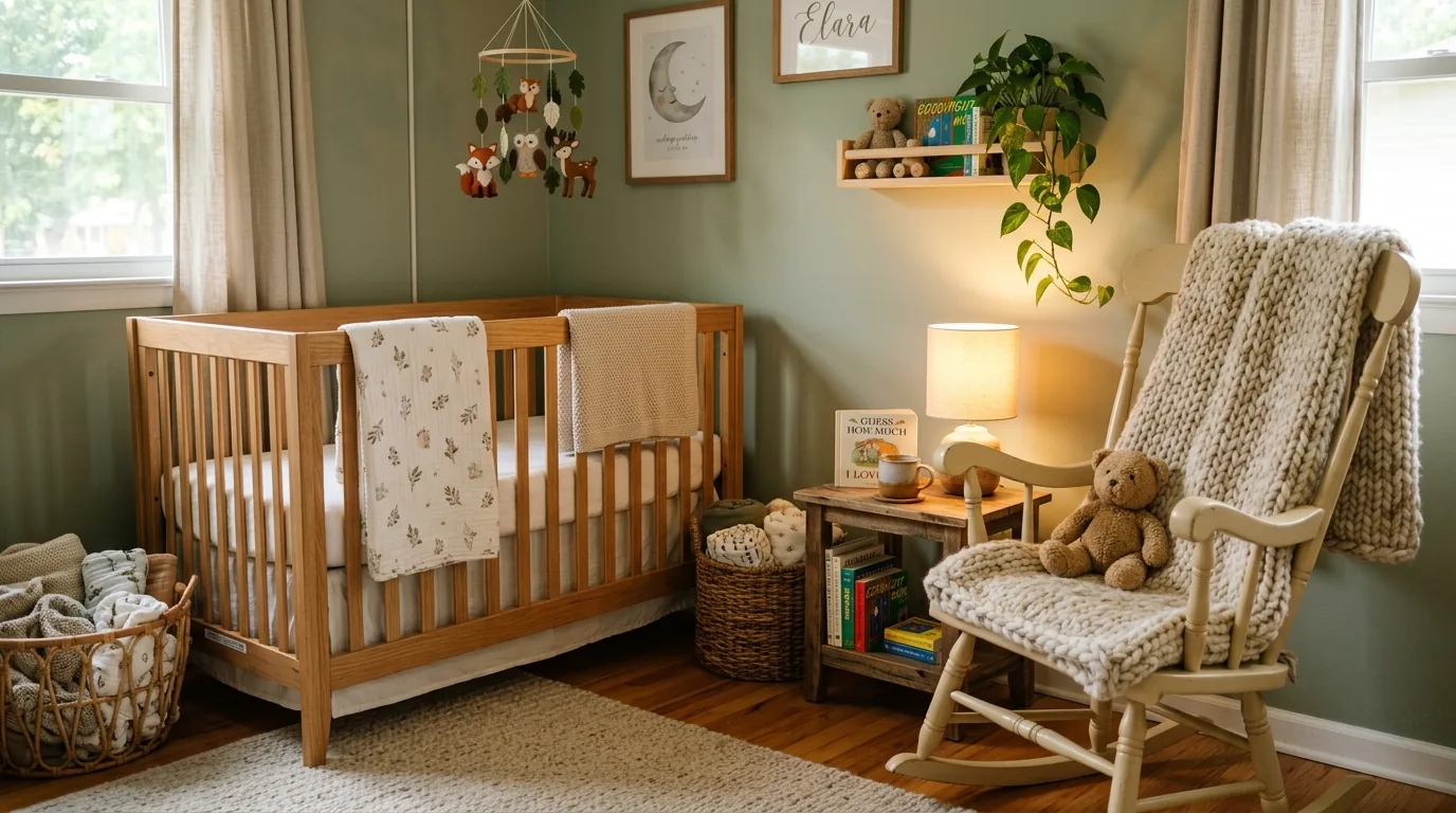 Blush nursery with scalloped shelf and cozy glider chair
