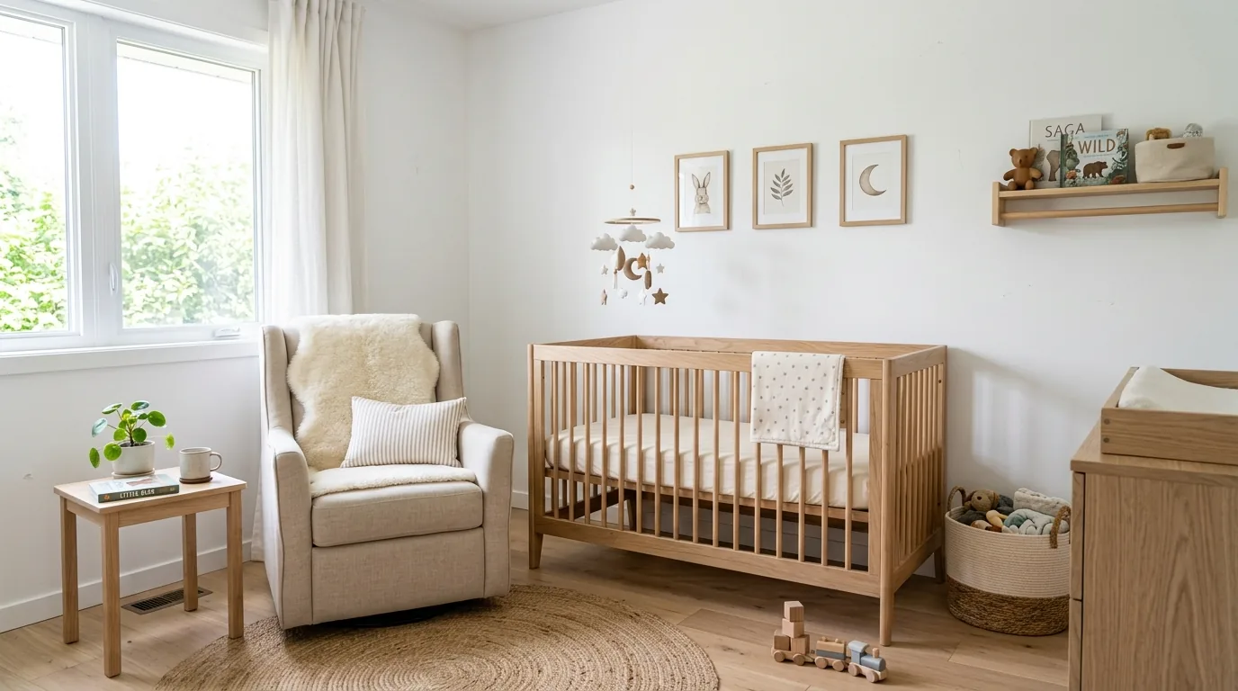 Neutral nursery with cane front dresser and framed animal prints