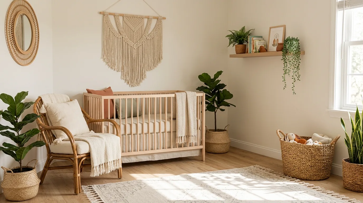 Small nursery corner with compact crib and wall shelves for books