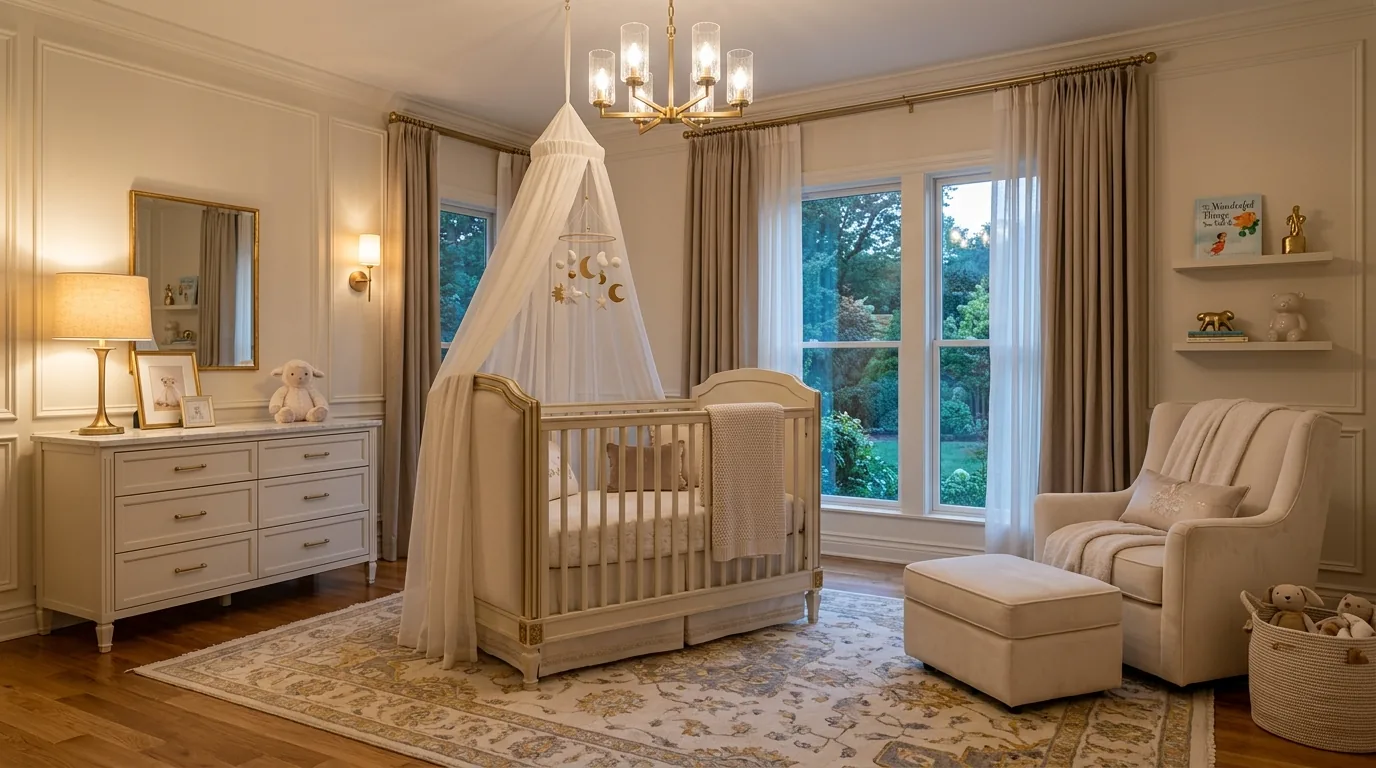 Scandinavian nursery with pale wood tones and soft gray textiles