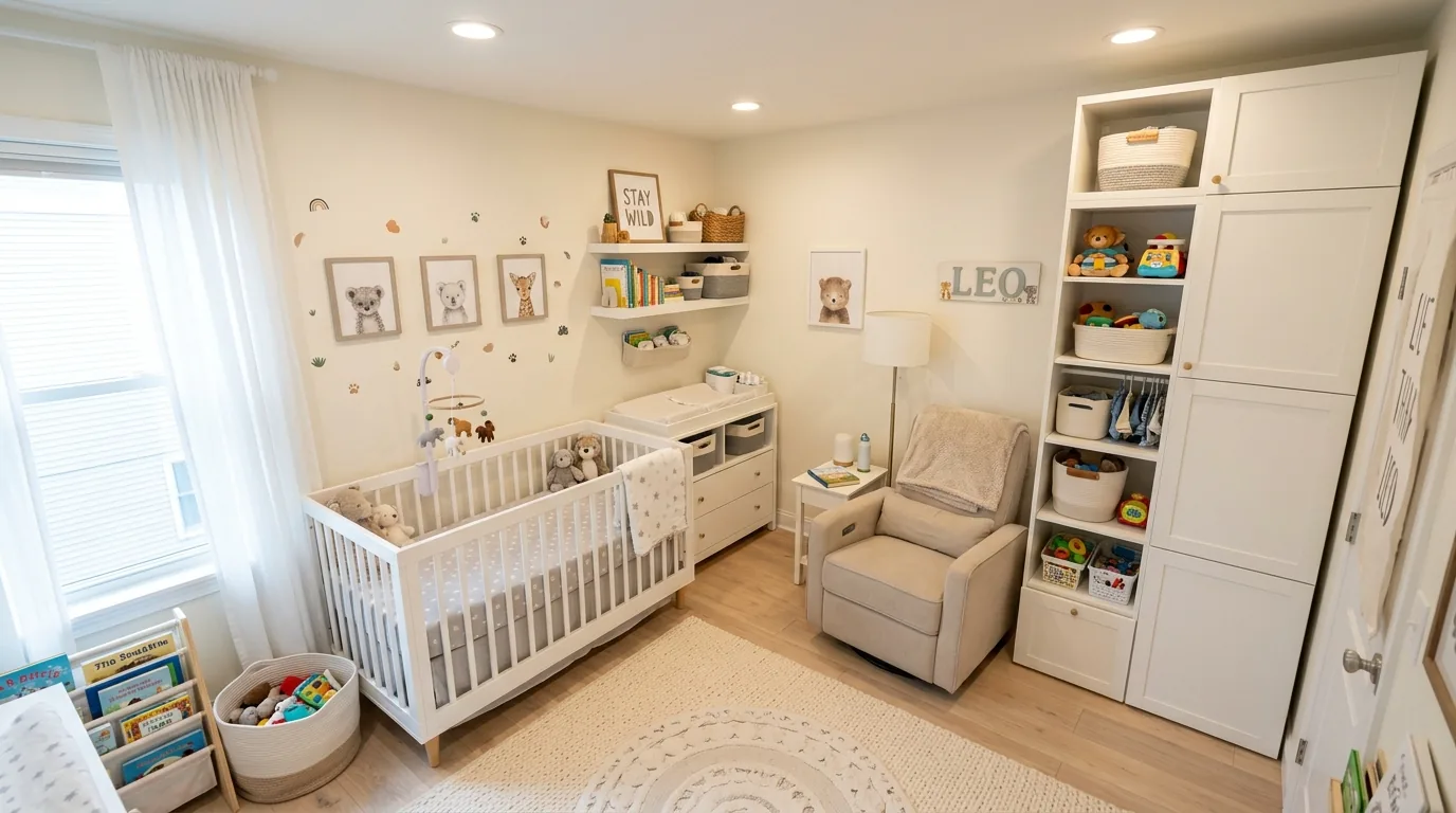Storybook nursery with mural wallpaper and linen canopy over chair