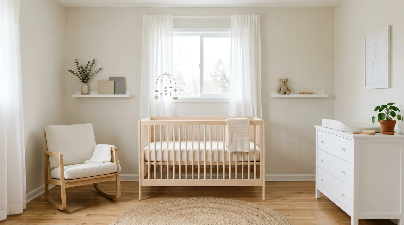 Gender neutral nursery with warm cream palette and plush rug