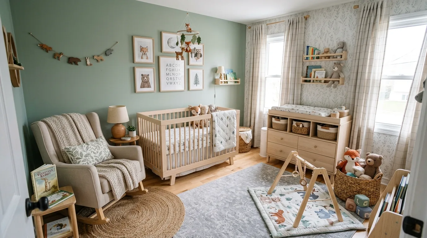 Vintage inspired nursery with floral wallpaper and spindle crib