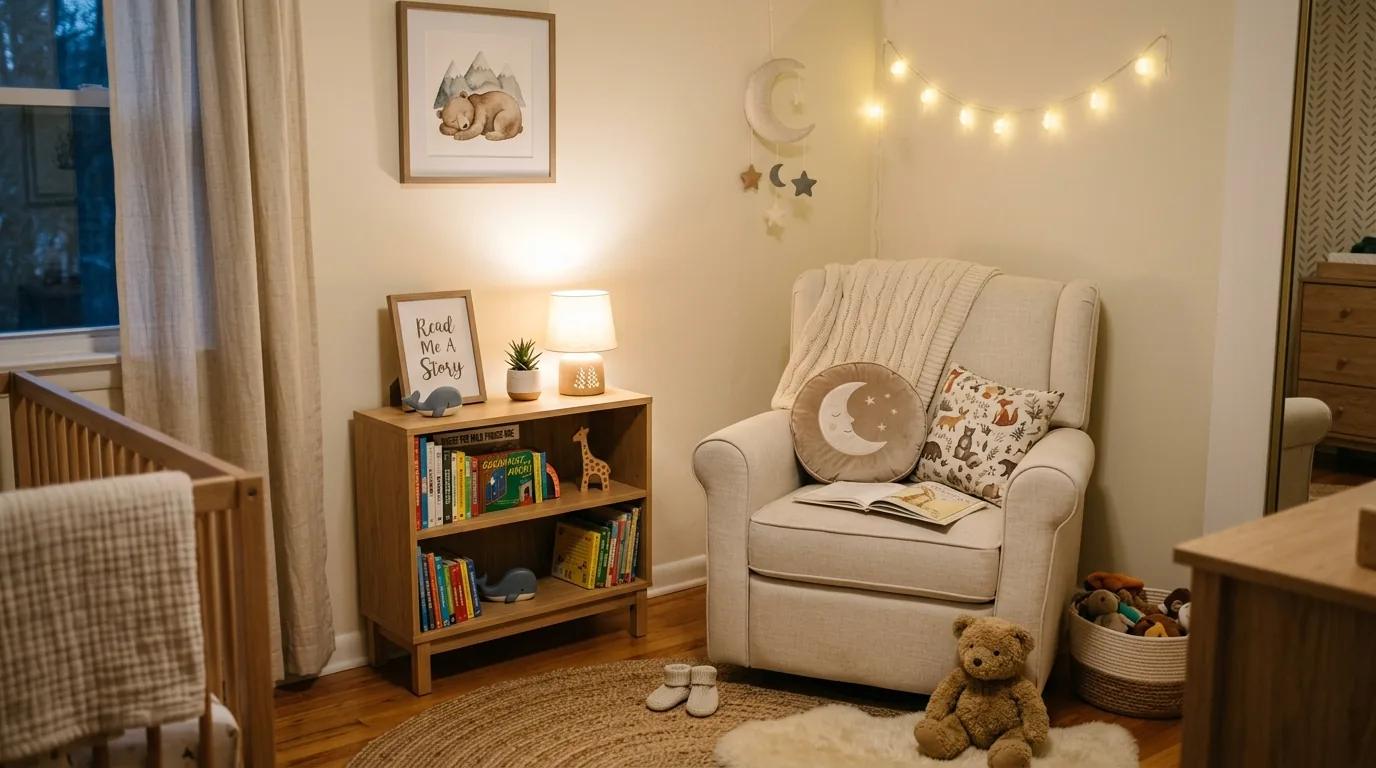 Modern nursery with built in storage and minimalist rocker