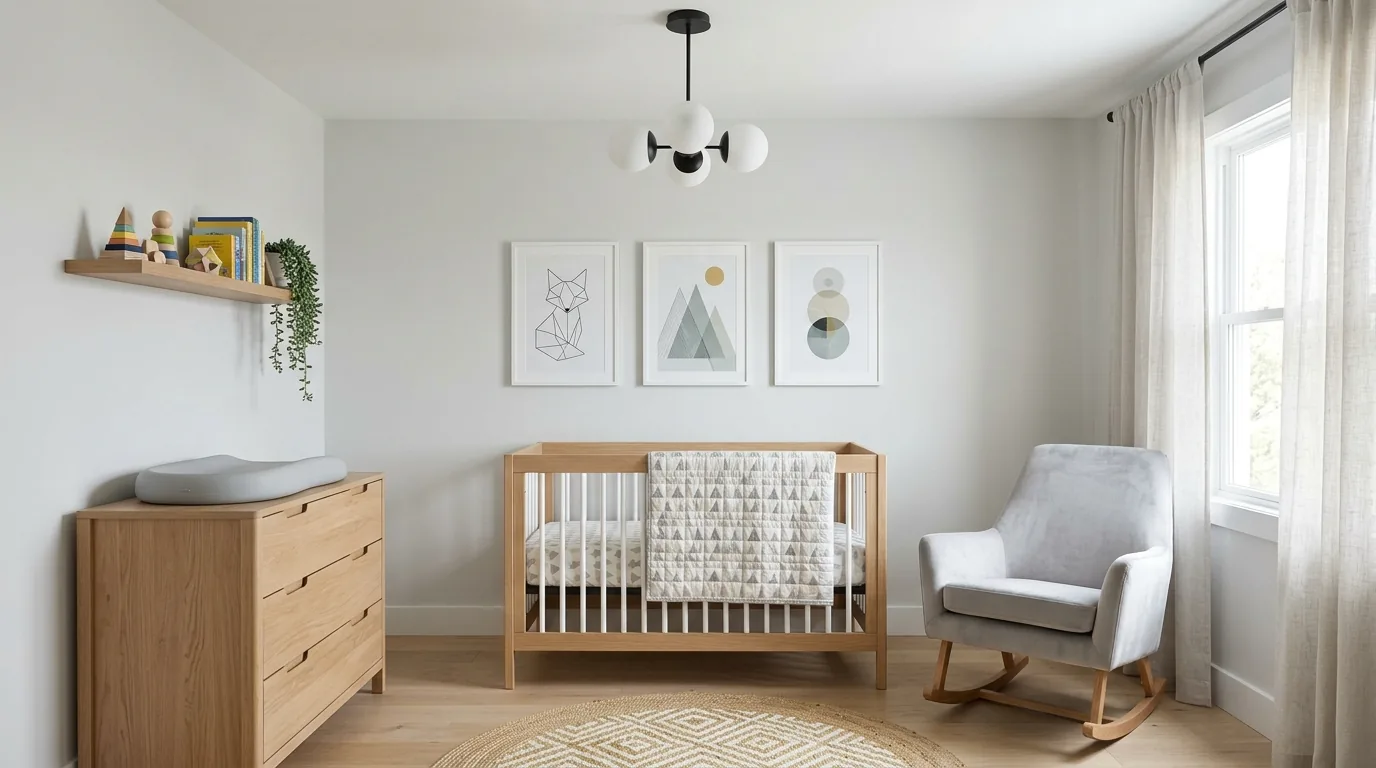 Coastal nursery with pale blue accents and driftwood art