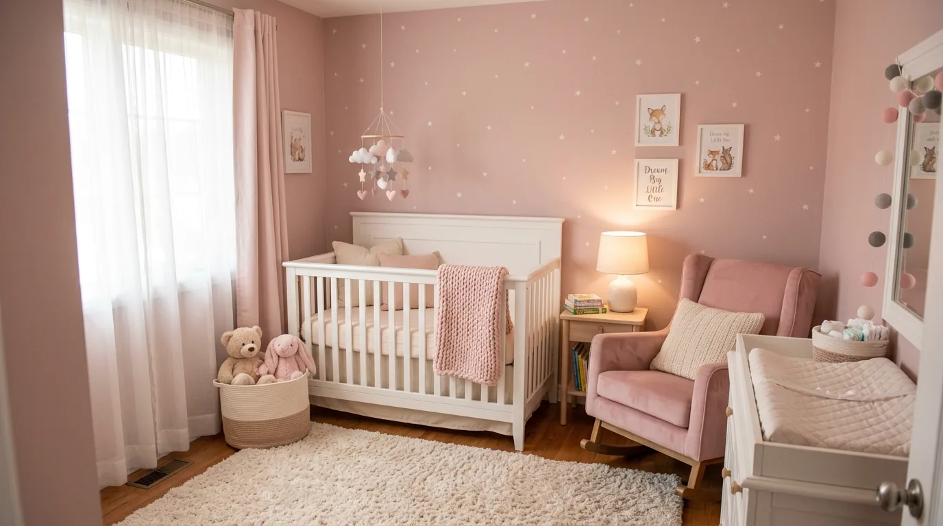 Nursery reading nook with low shelf and plush floor cushions