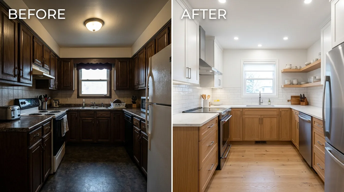 Before and after kitchen with removed upper cabinets and added floating shelves