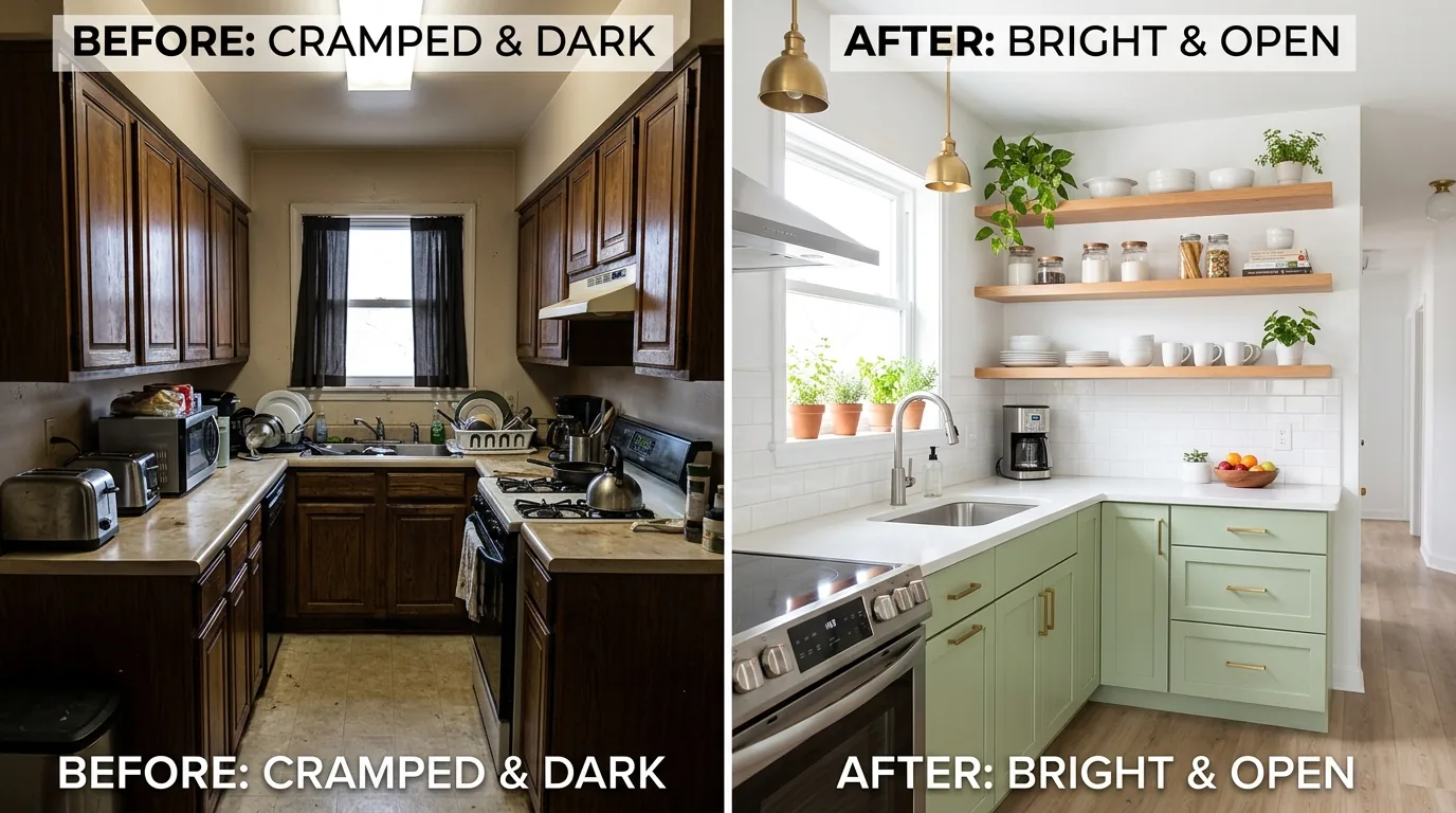 Small kitchen remodel with new layout and integrated appliances