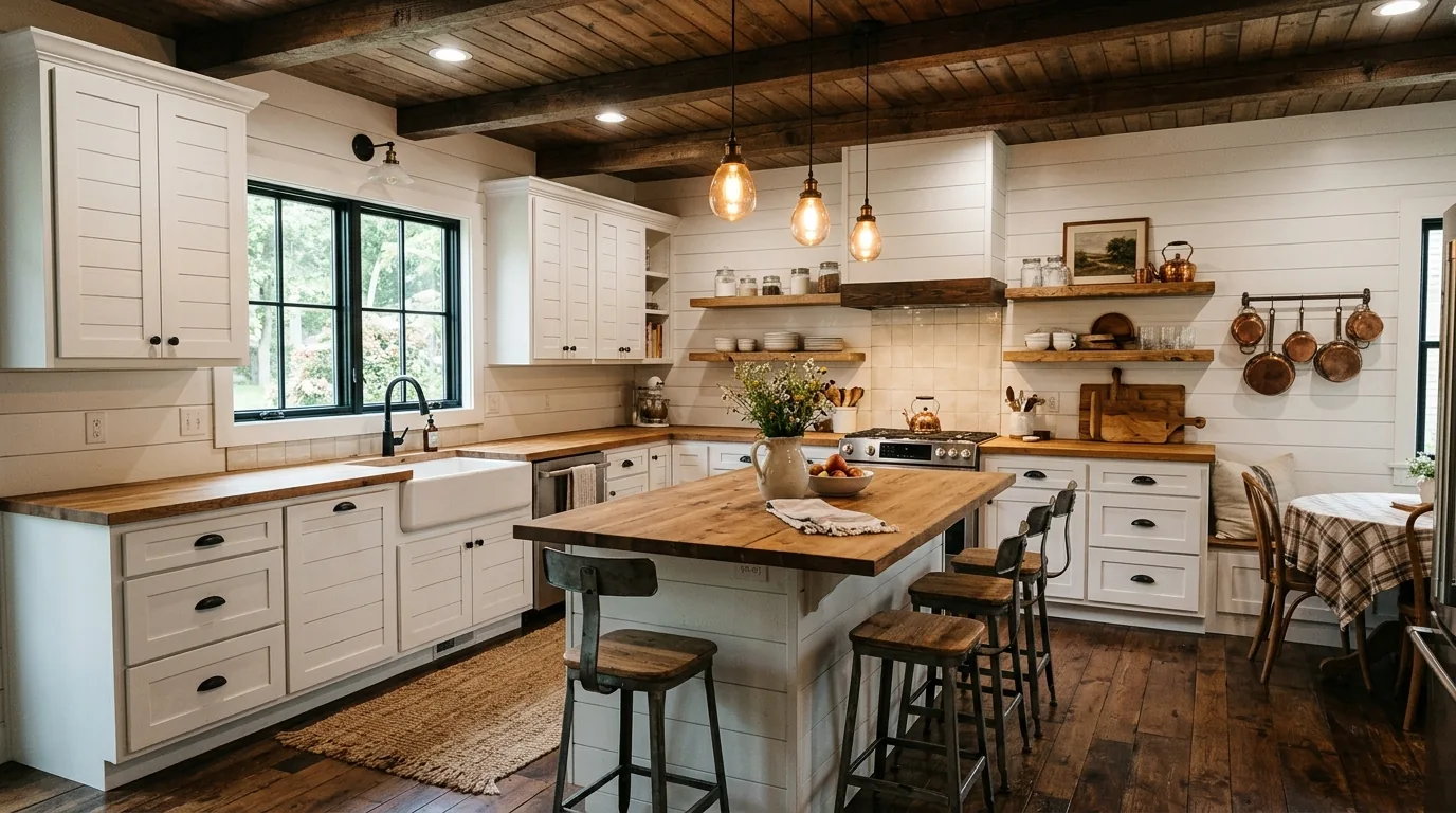 Builder grade kitchen refreshed with full height backsplash and custom hood