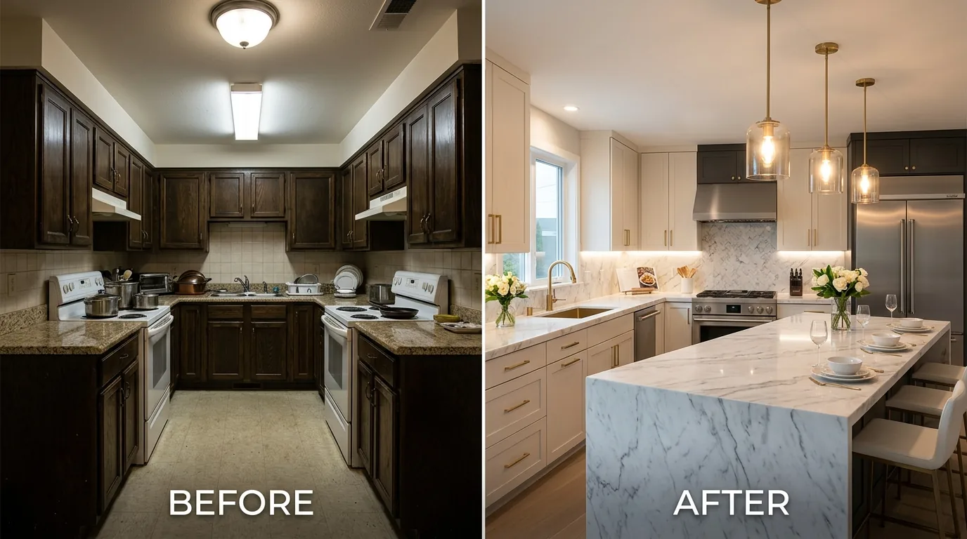 Farmhouse remodel with shaker cabinets and apron sink replacing dated finishes