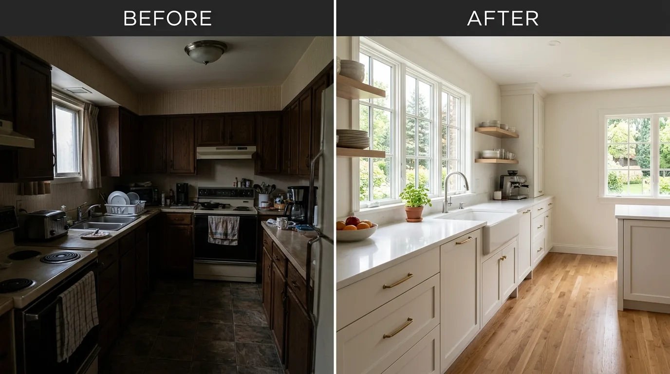Open concept kitchen after with widened island and stool seating