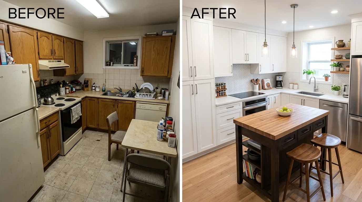 Before and after with pantry wall storage replacing cluttered counters