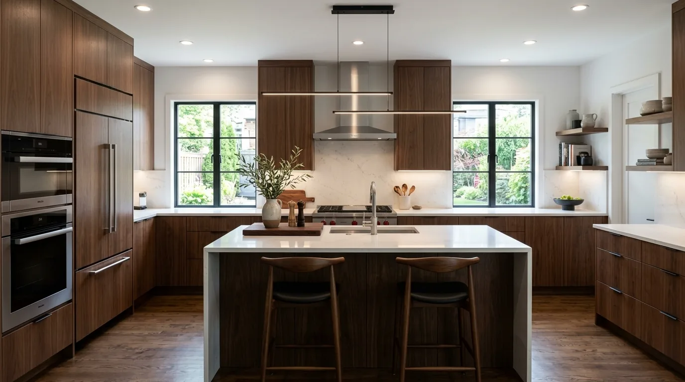 All white remodel balanced by oak shelving and black fixtures