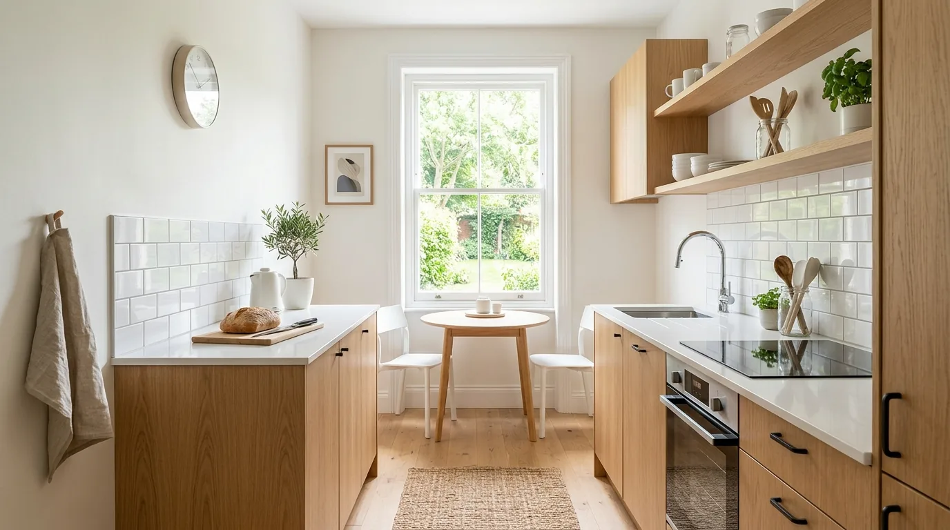 Kitchen facelift with new flooring and soft green cabinetry