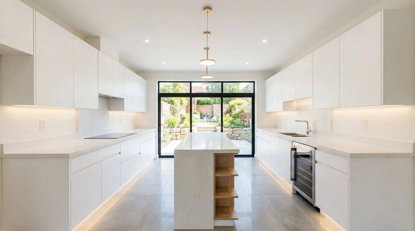 High end kitchen transformation with custom millwork and dramatic stone slab