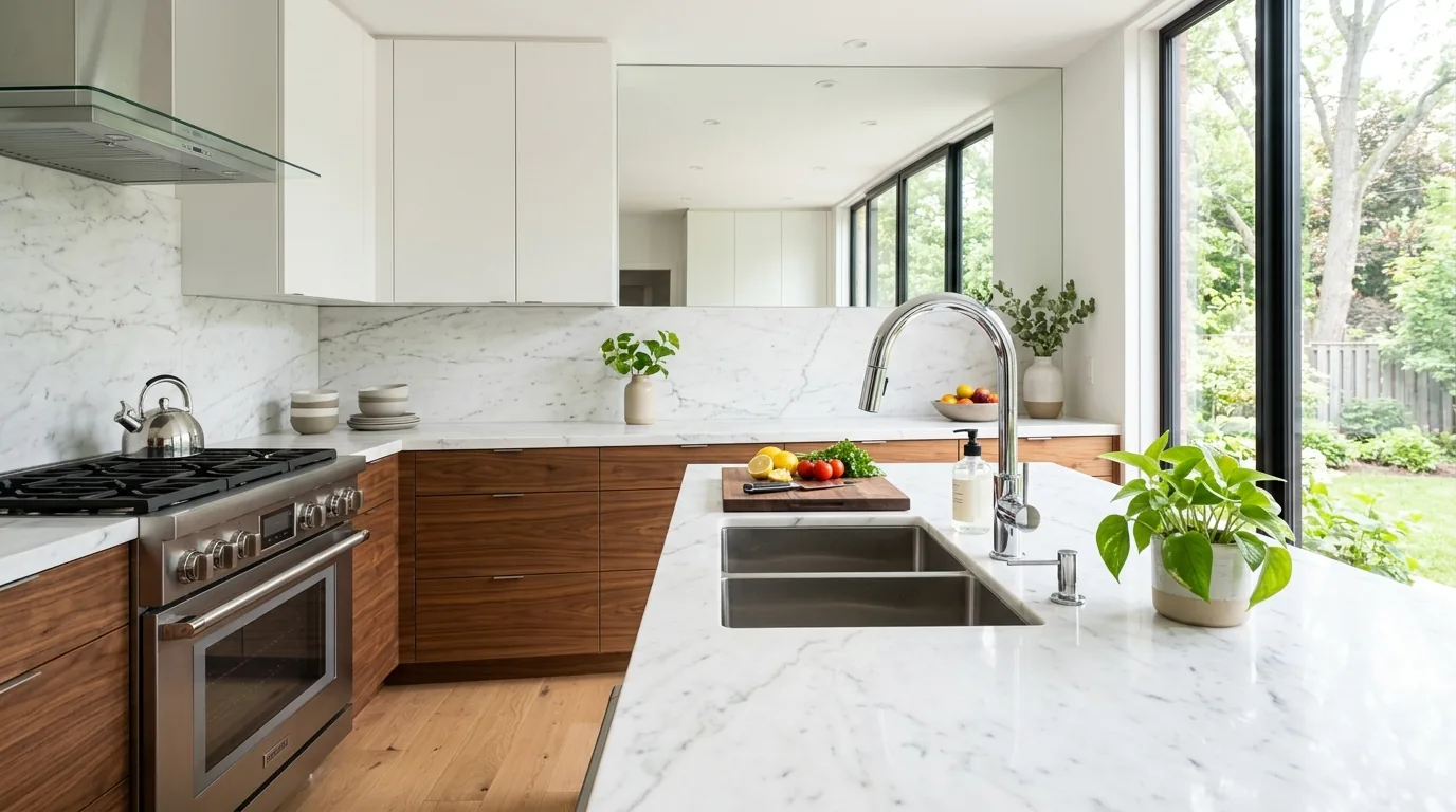 Brushed brass arc faucet over deep farmhouse sink
