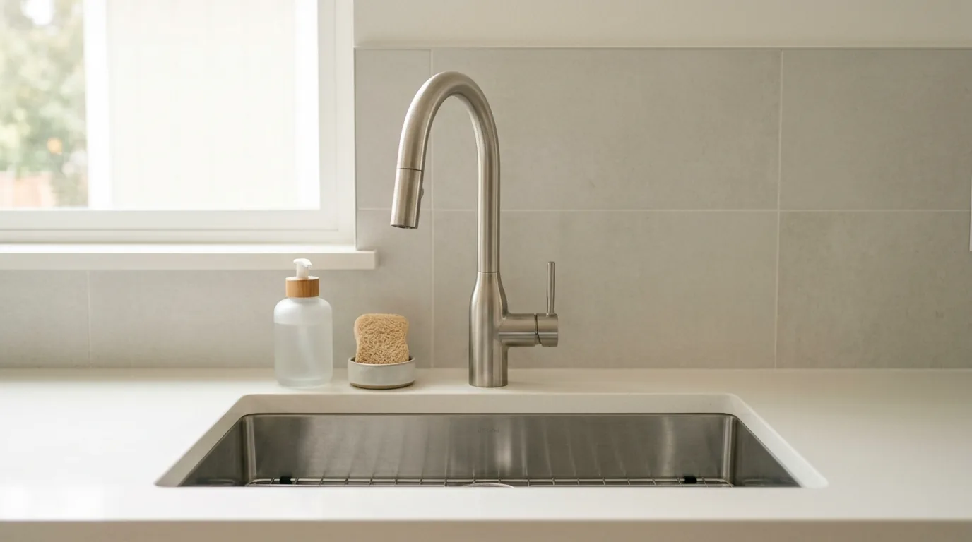 Minimal chrome faucet paired with integrated drainboard counter