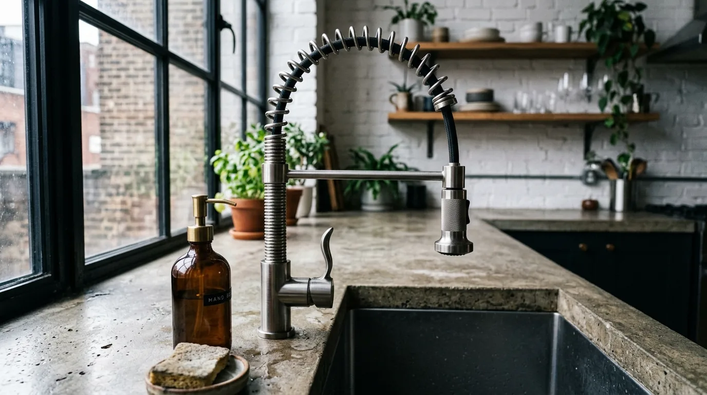 Scandinavian sink area with slim brushed nickel faucet and pale oak cabinetry