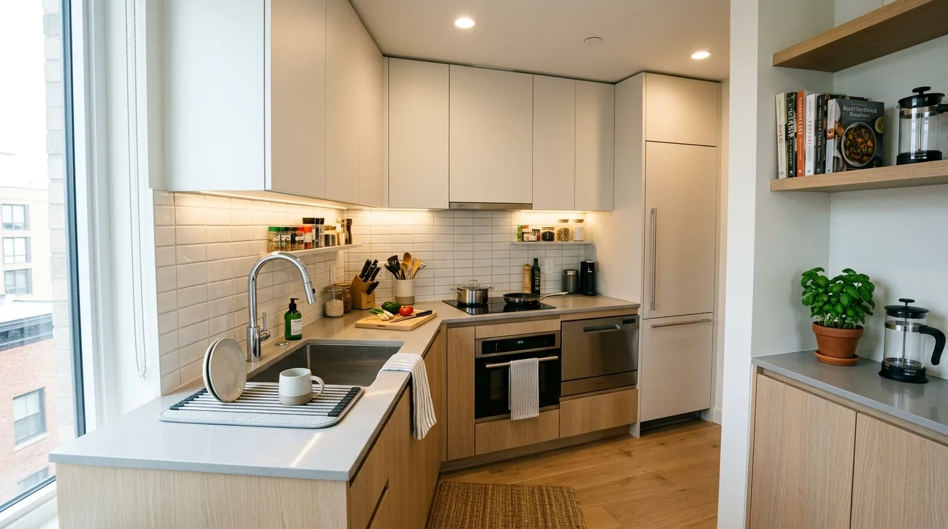 Deep navy kitchen with brass faucet and stone backsplash