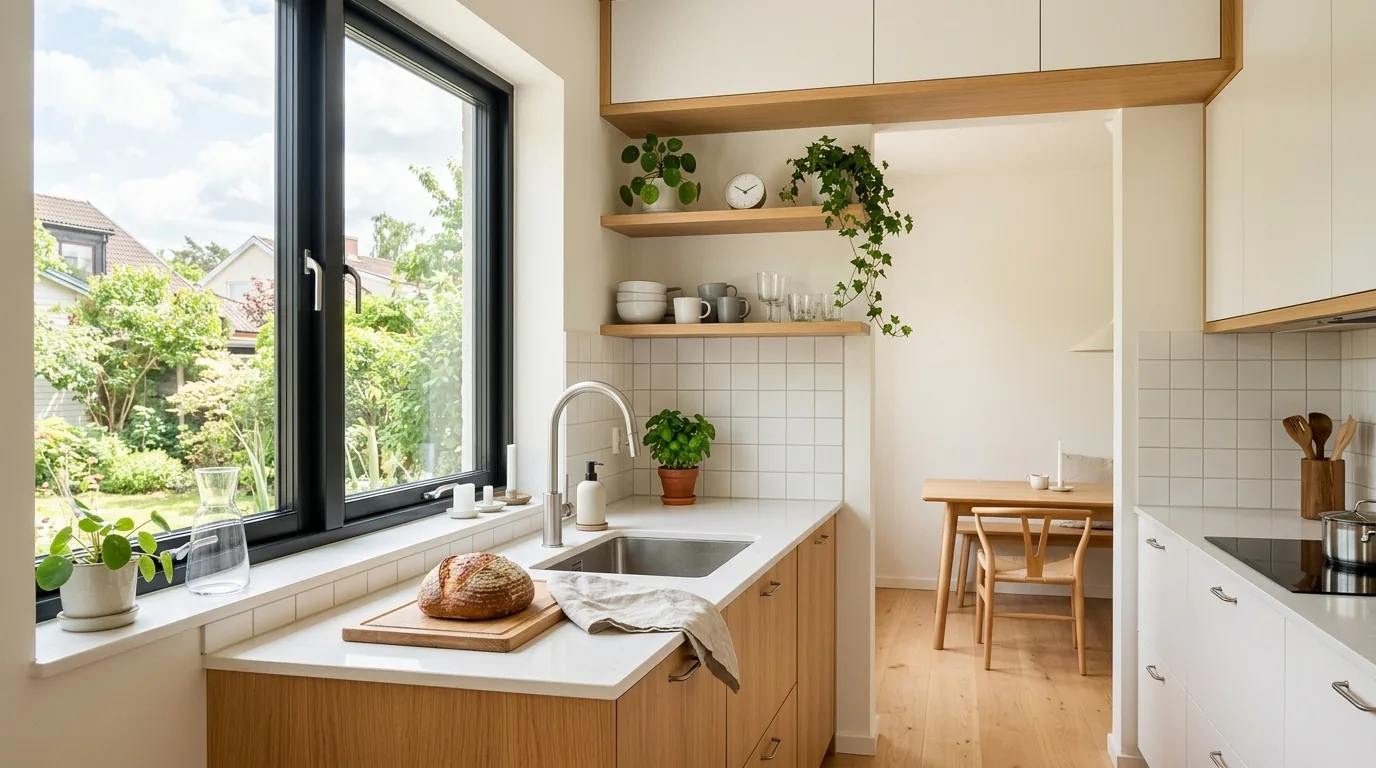 Compact apartment kitchen with space saving single lever faucet