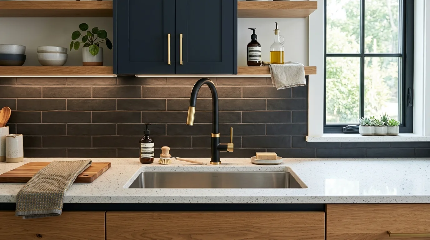 All white kitchen with sculptural faucet silhouette and concealed soap dispenser