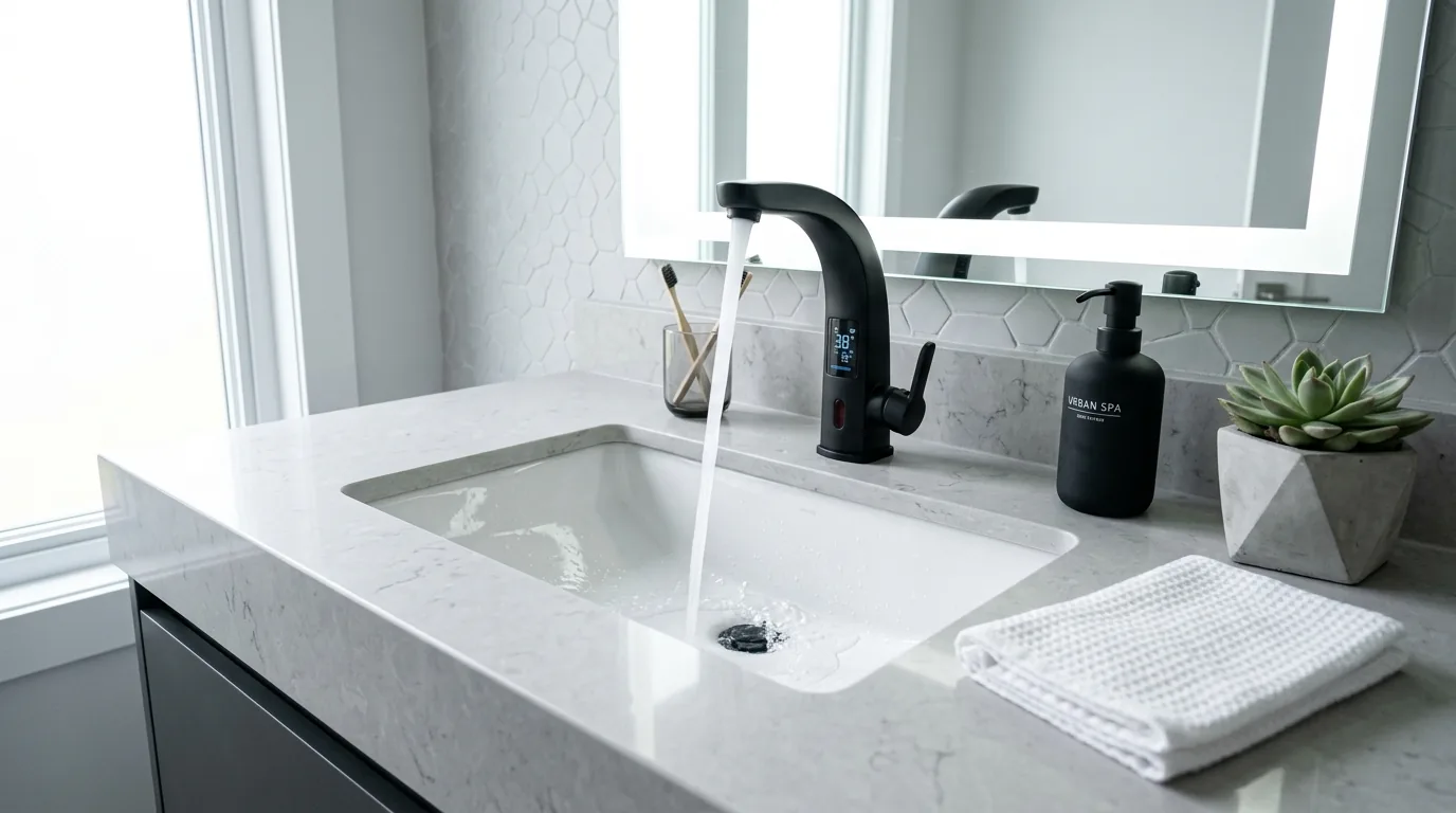 Black and wood kitchen with industrial faucet and large window above sink