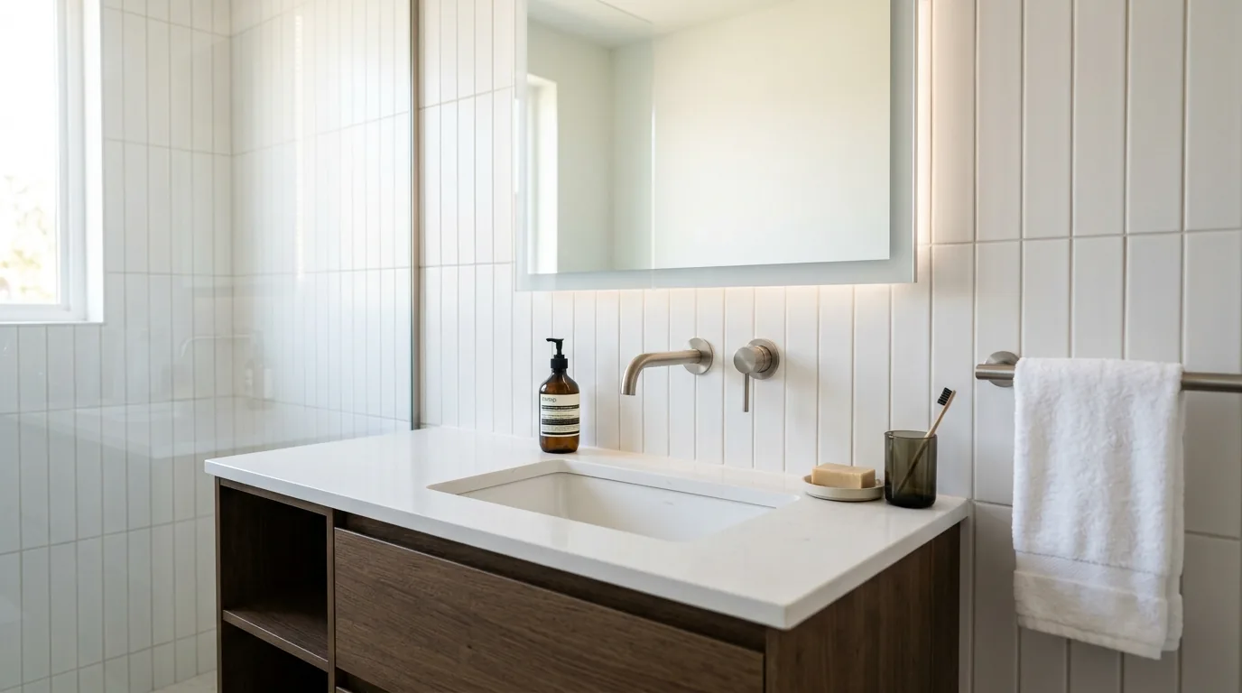 High gloss kitchen with illuminated backsplash and statement faucet profile