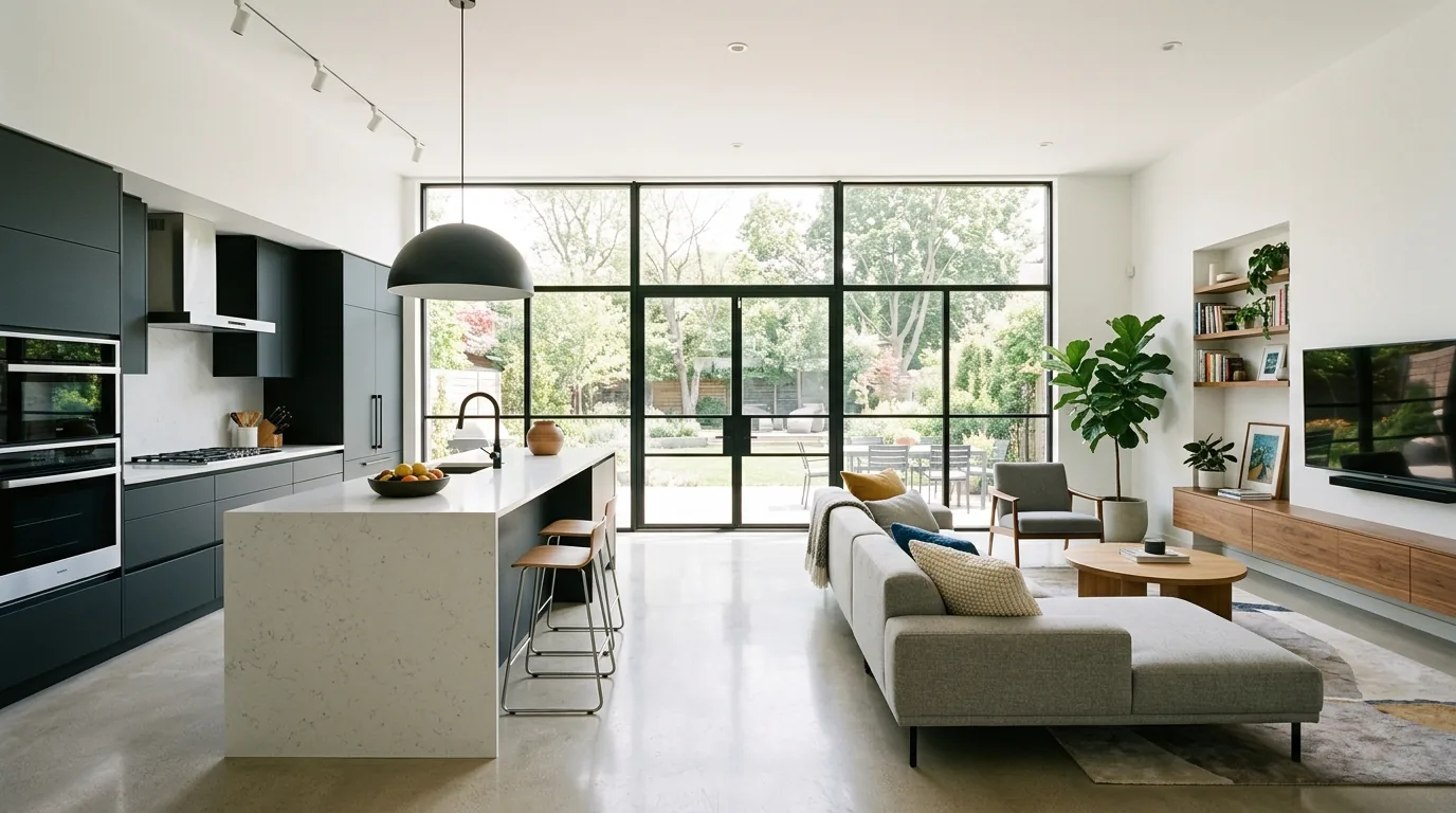 Kitchen with warm wood island and veined stone backsplash