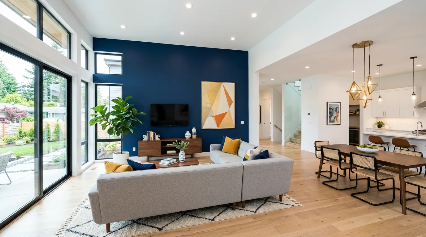 Open plan family room with concealed media storage and oversized rug zoning