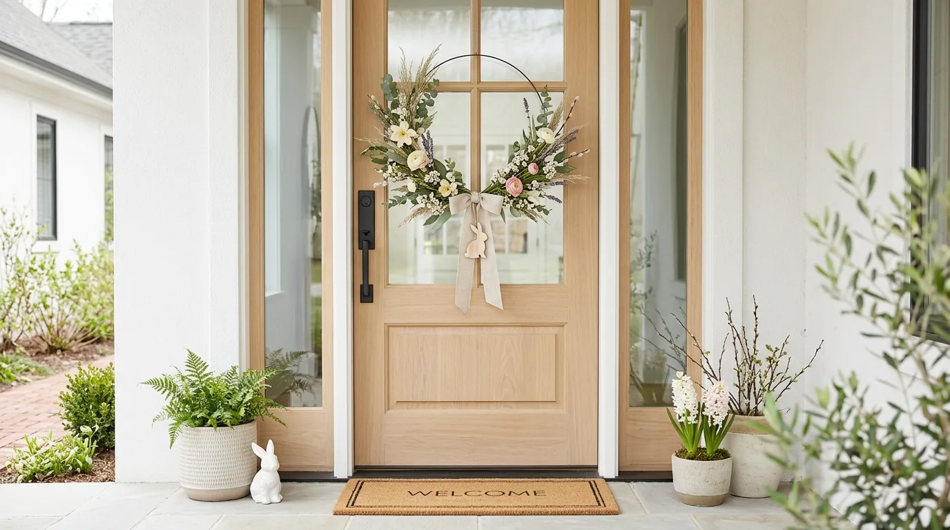 Sage green door with bunny shaped wreath and gingham ribbon
