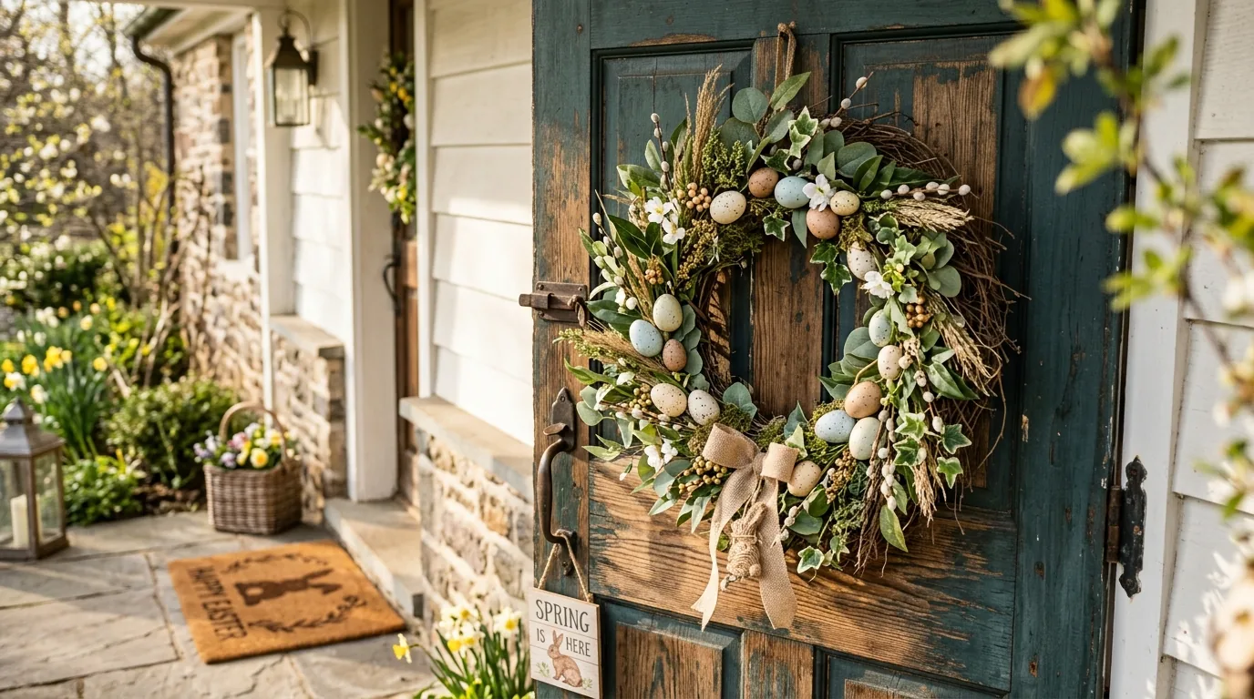 White entry with carrot garland and woven basket florals