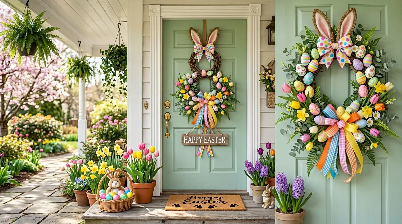 Farmhouse porch with moss wreath and speckled egg accents