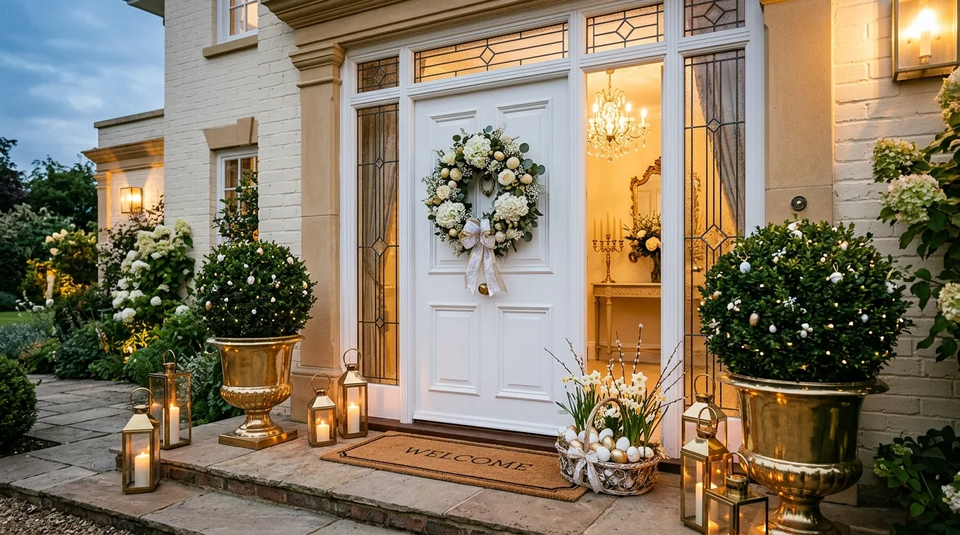 Blue front door with lavender wreath and soft pink bow