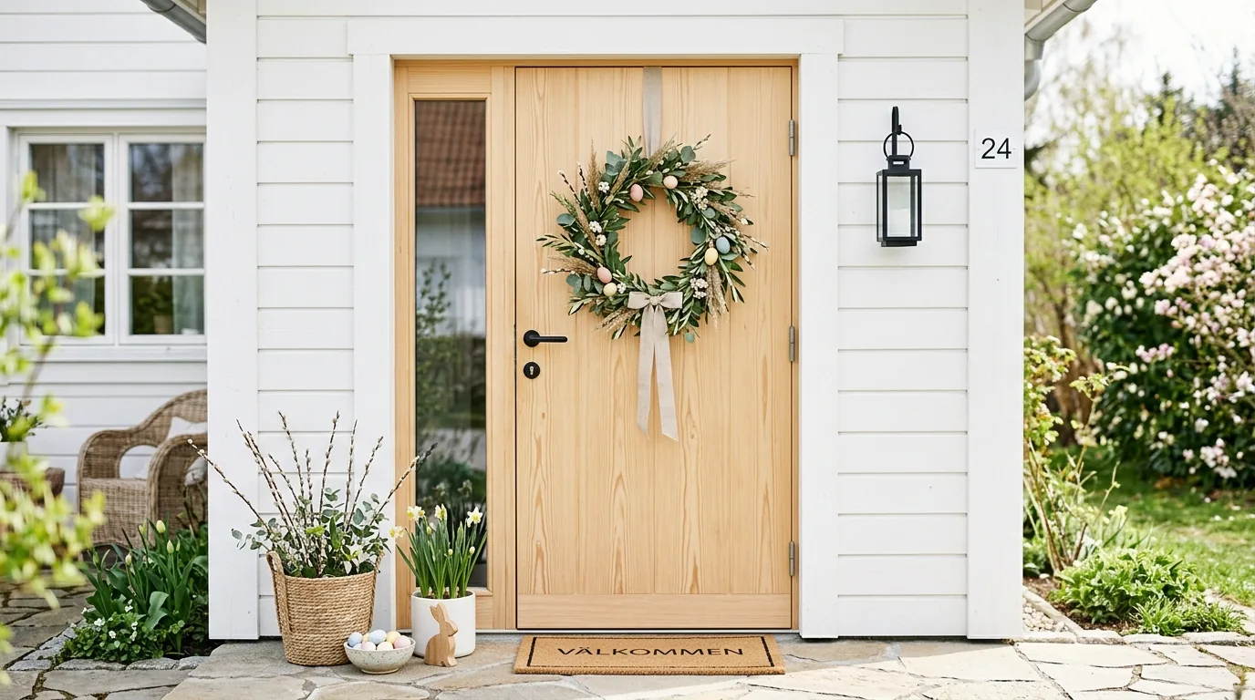 Double doors with matching floral hoops and pastel lanterns