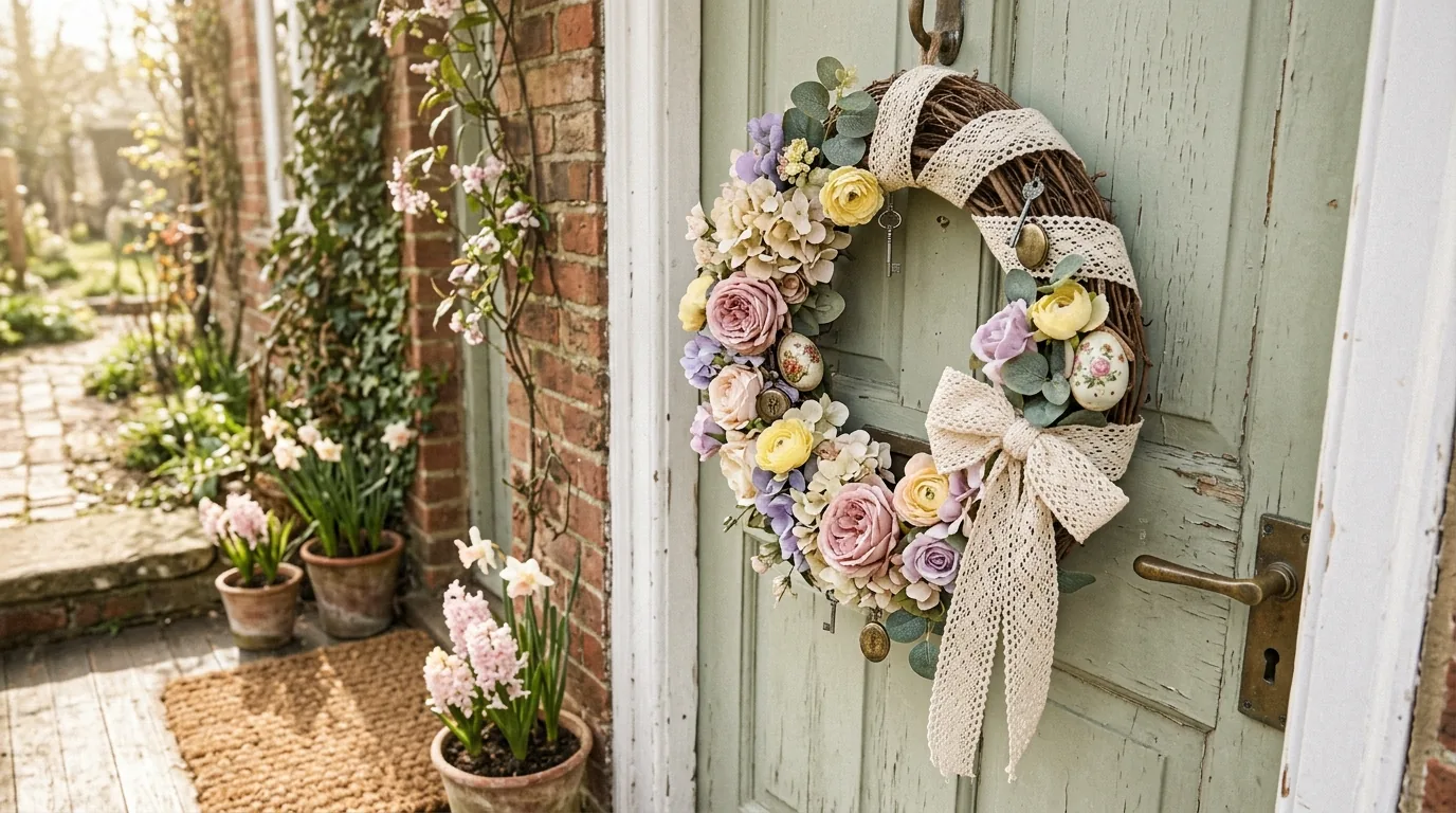 Entry porch with layered doormats and egg filled topiary baskets