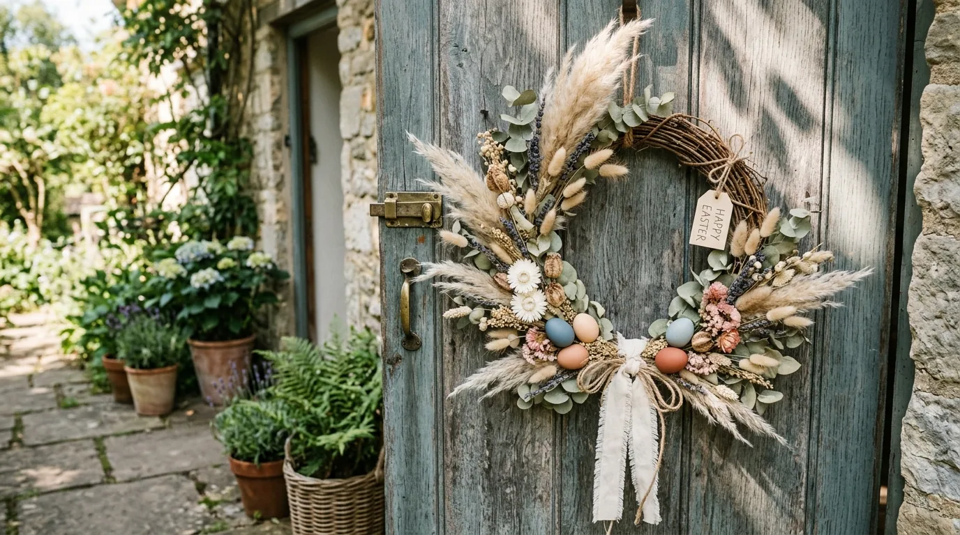Rustic wood door with grapevine wreath and nest detail