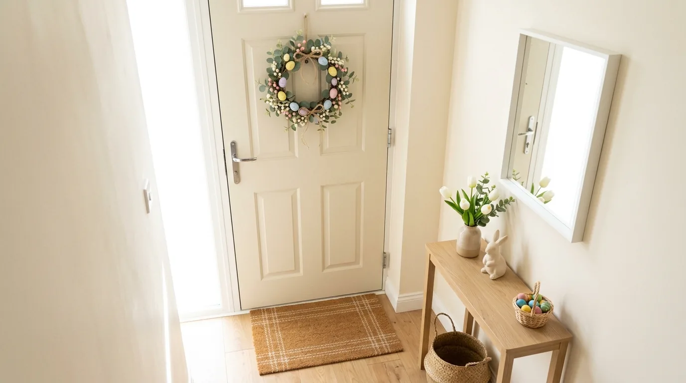Modern black door with white blossom wreath and pale egg swag