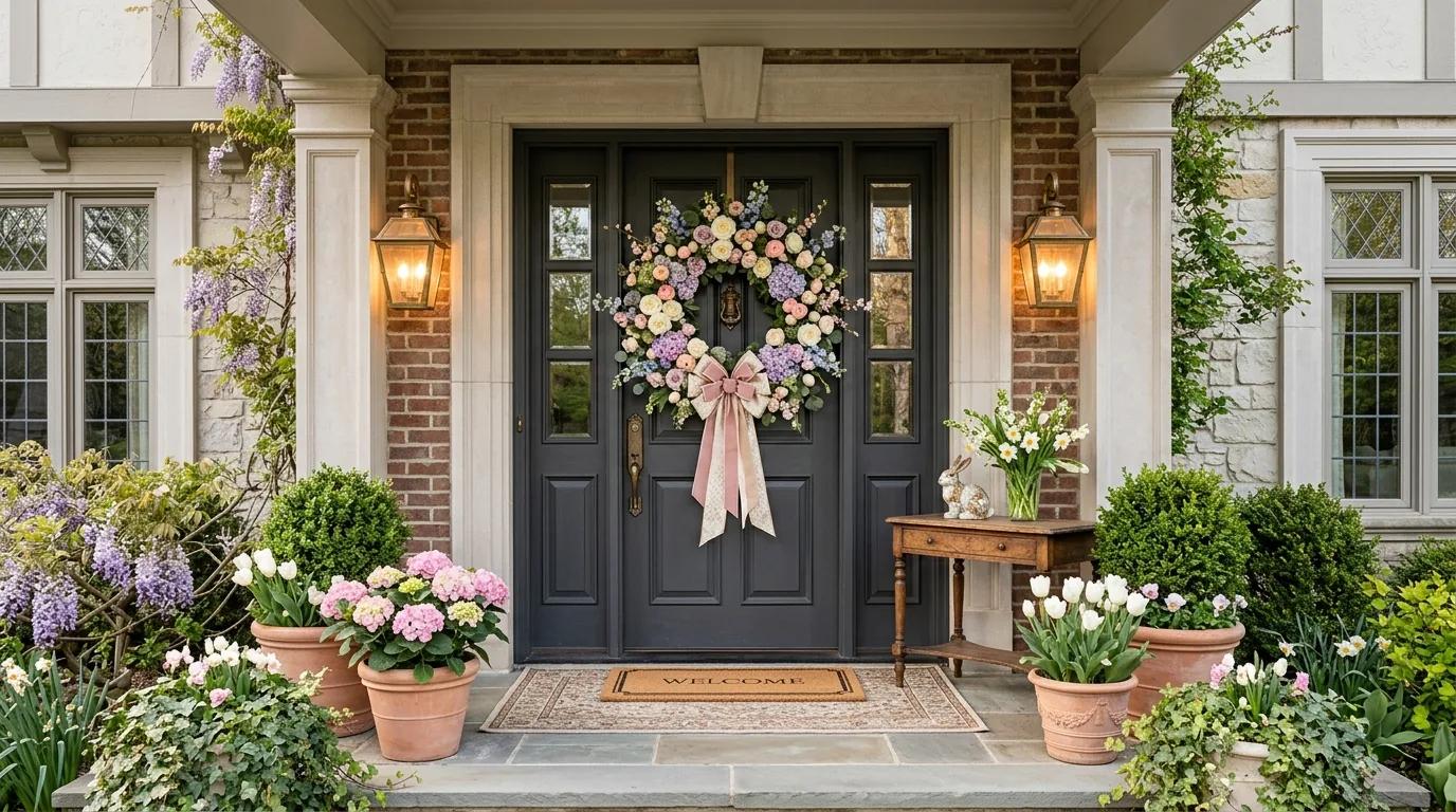 Porch seating corner with bunny pillow and coordinated door basket