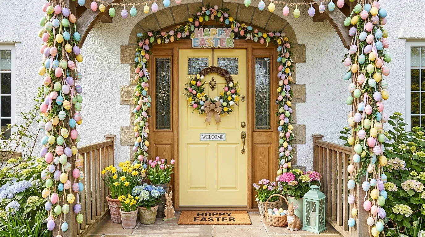 Traditional entry with ribbon wrapped wreath and clipped boxwood planters