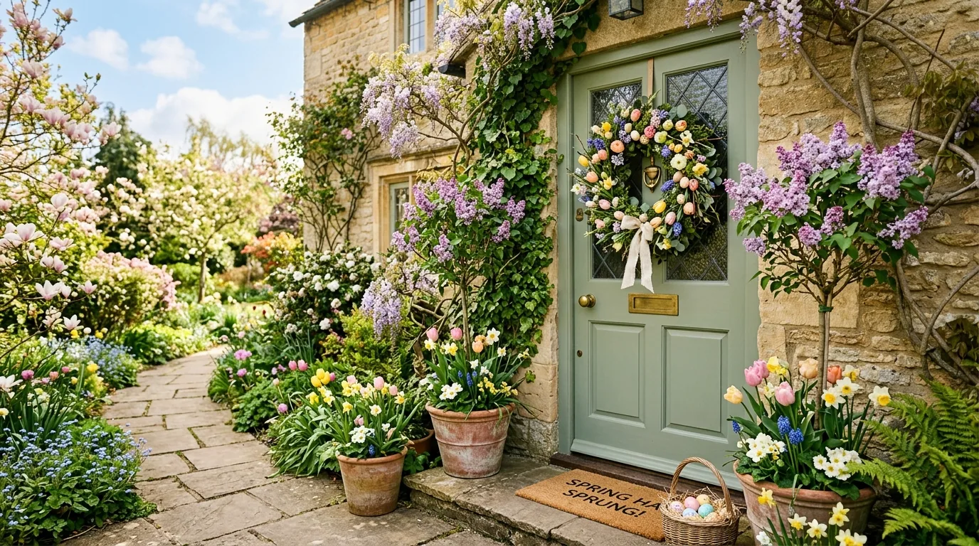 Small apartment door with compact floral hanger and pastel name sign