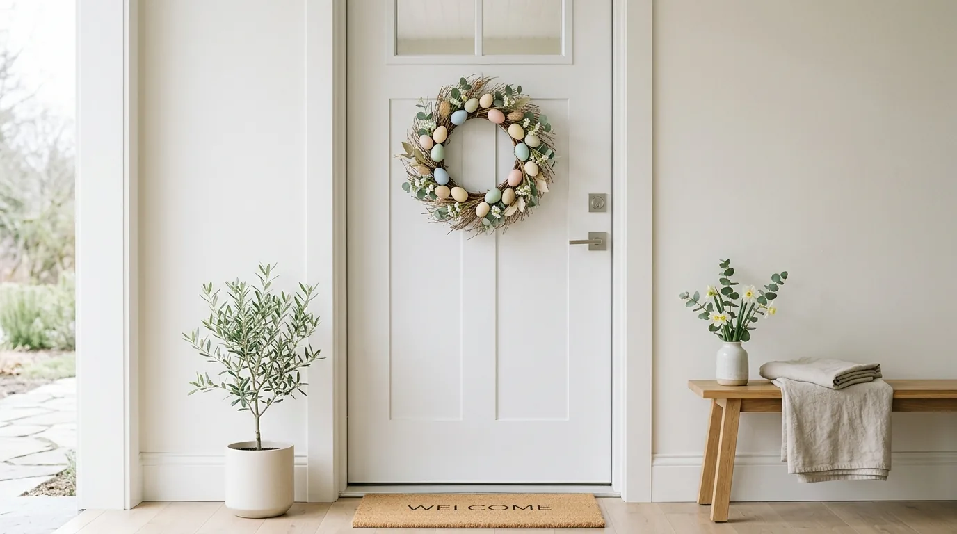 Coastal Easter entry with pale blue accents and driftwood egg wreath