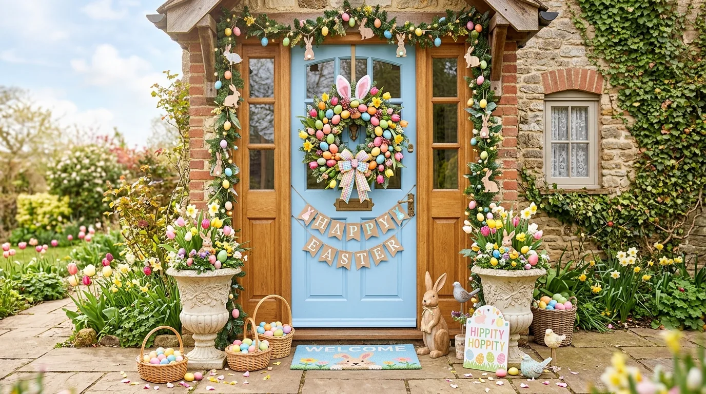 Luxury doorway with oversized floral installation and layered lantern glow