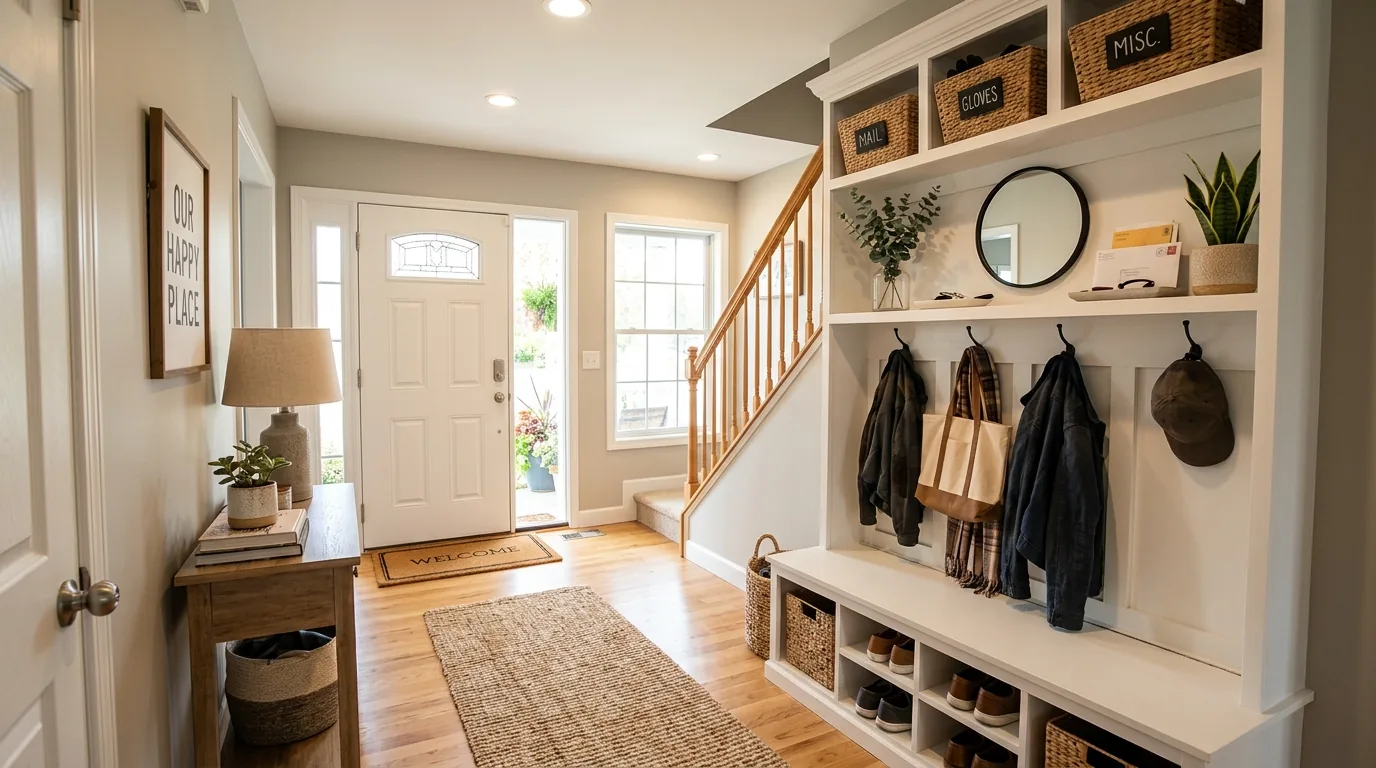 Laundry nook refreshed with peel and stick floor and labeled jars