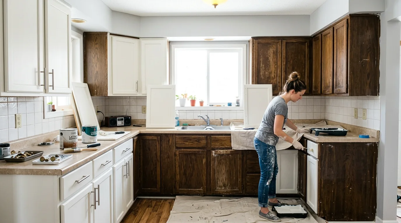 Vintage kitchen with painted cabinets and new counters instead of full replacement
