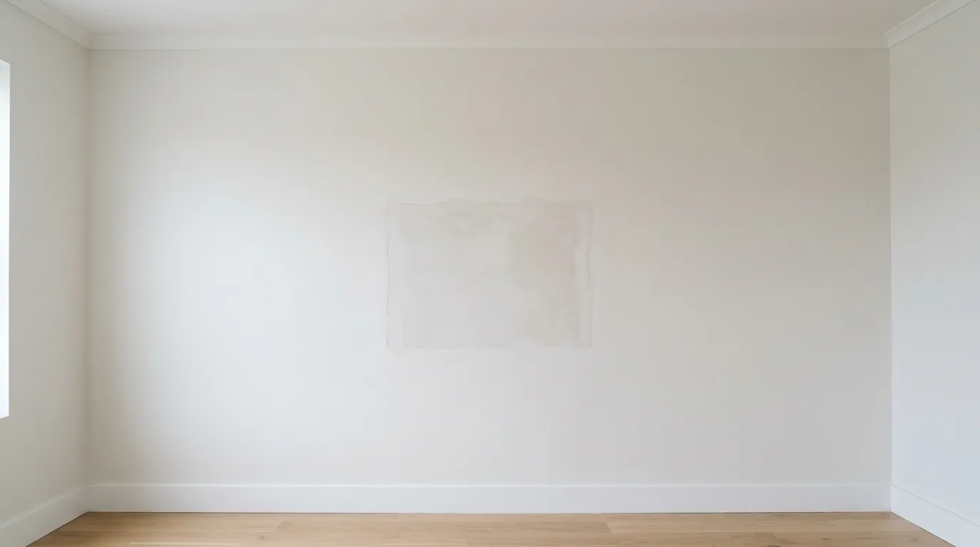 Old house bedroom with repaired plaster and layered soft textiles